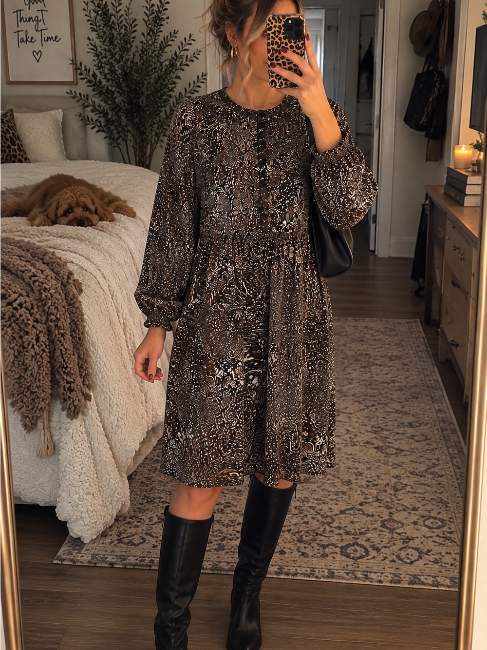 Harper Brown and Black Printed Long Sleeve Swing Dress